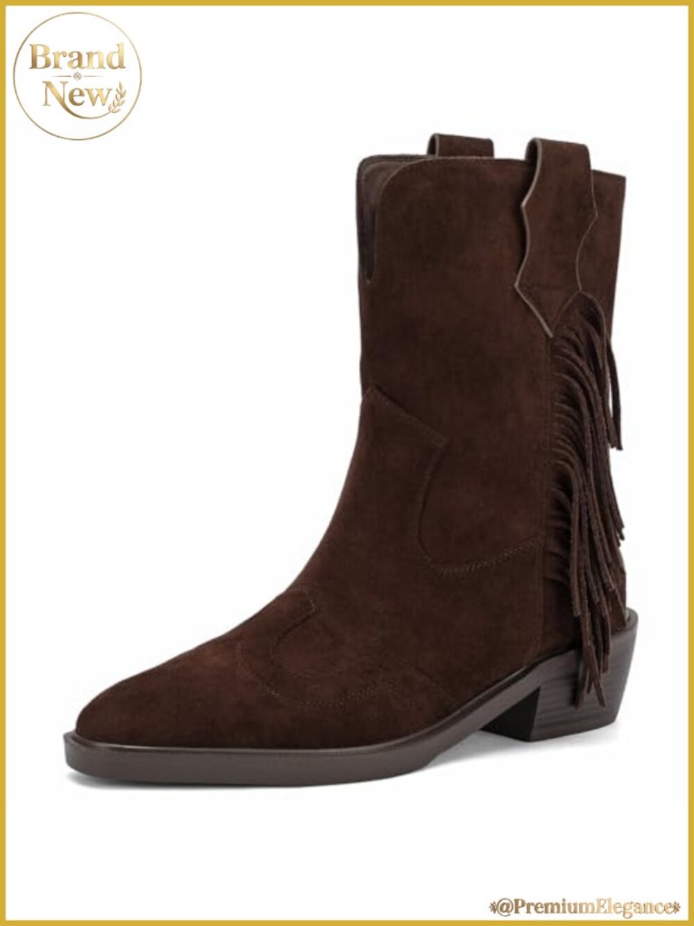 Faux Suede Fringe Western Mid Calf Boots Pointed Toe 1.5 In Block Heel